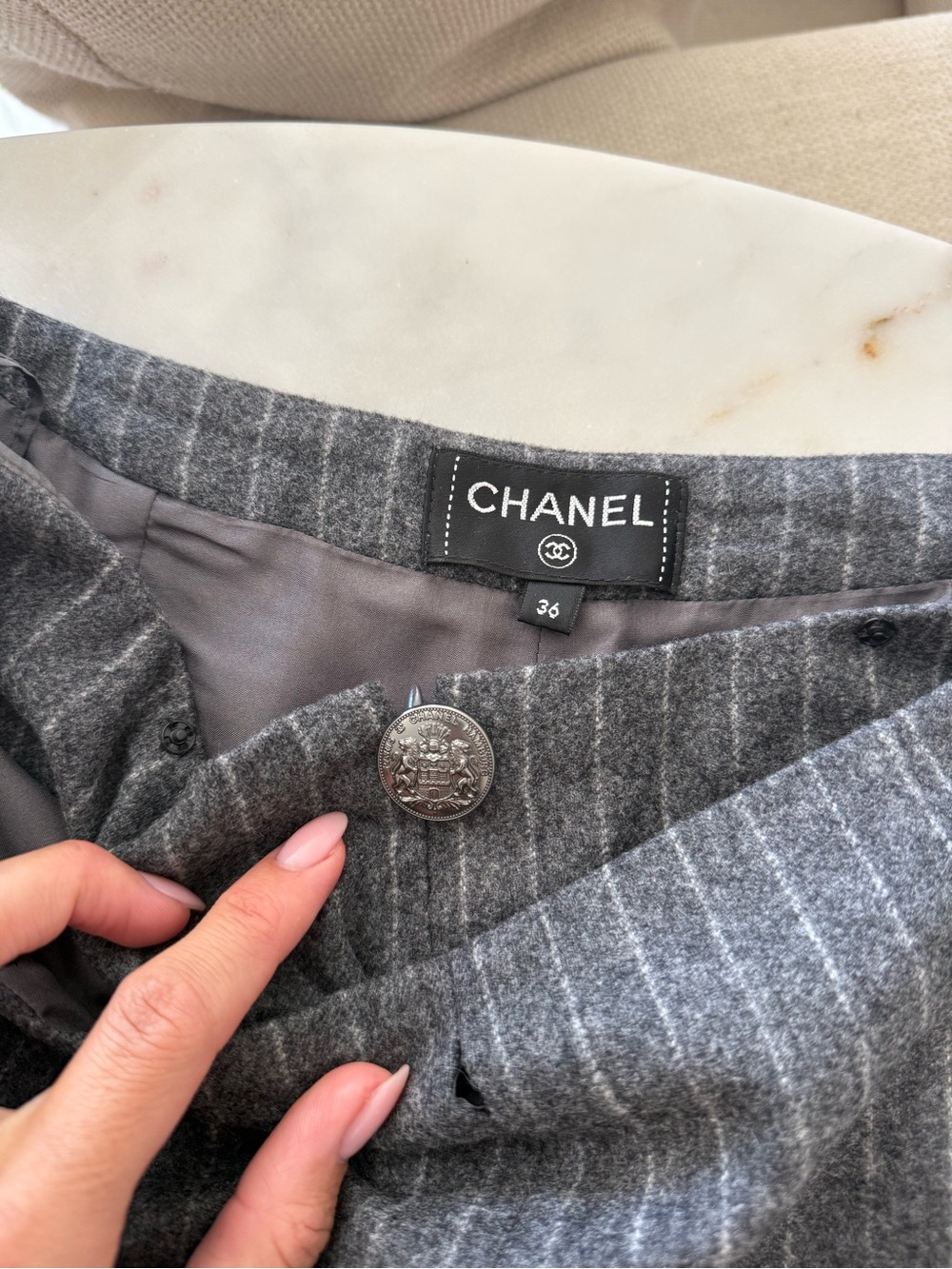 CHANEL Gray Pinstripe Wool Trouser with Signature Metal Button